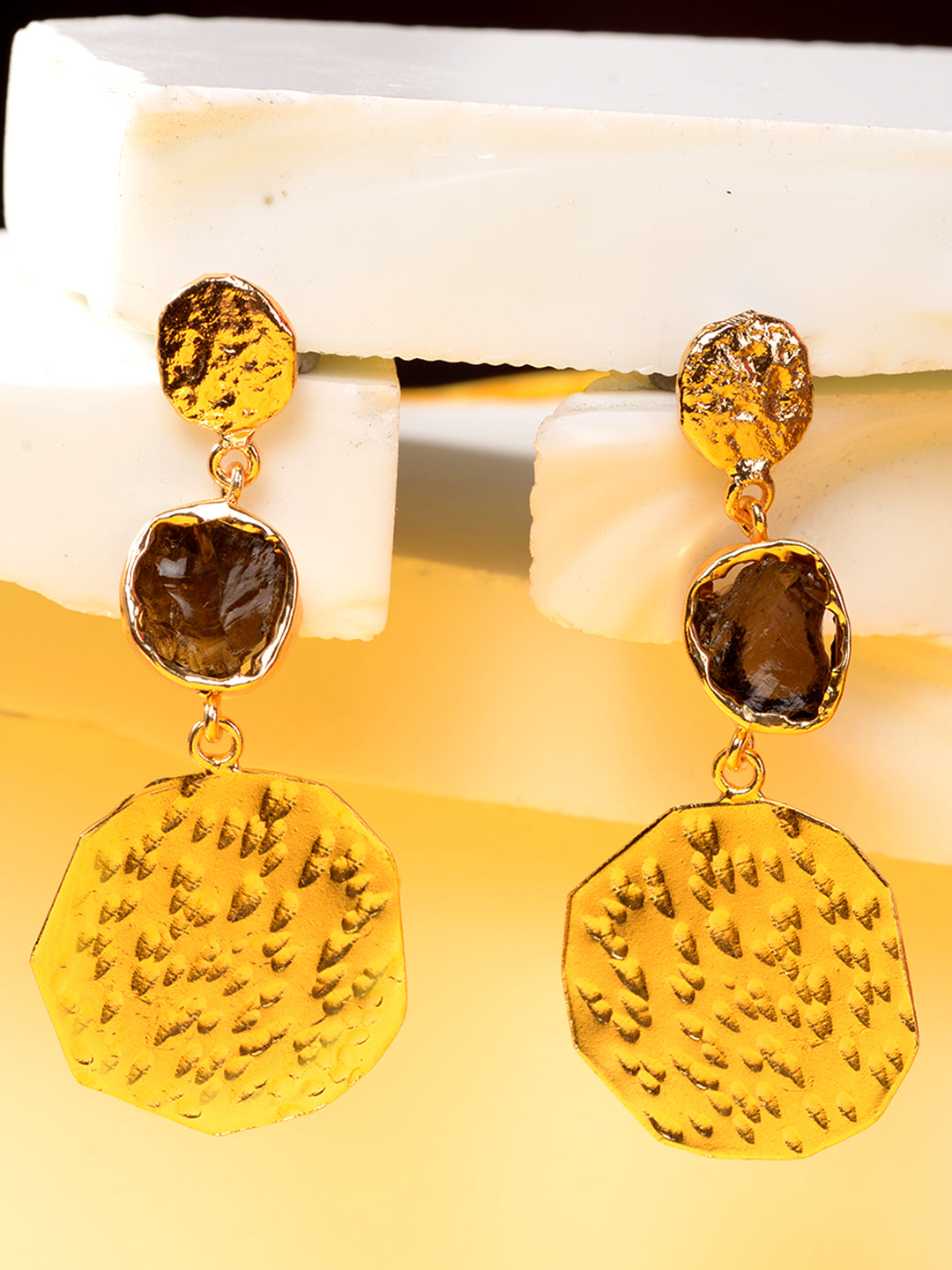 HAMMERED DISC DROP EARRINGS IN 14 KARAT YELLOW GOLD MATTE FINISH –  Penwarden Fine Jewellery